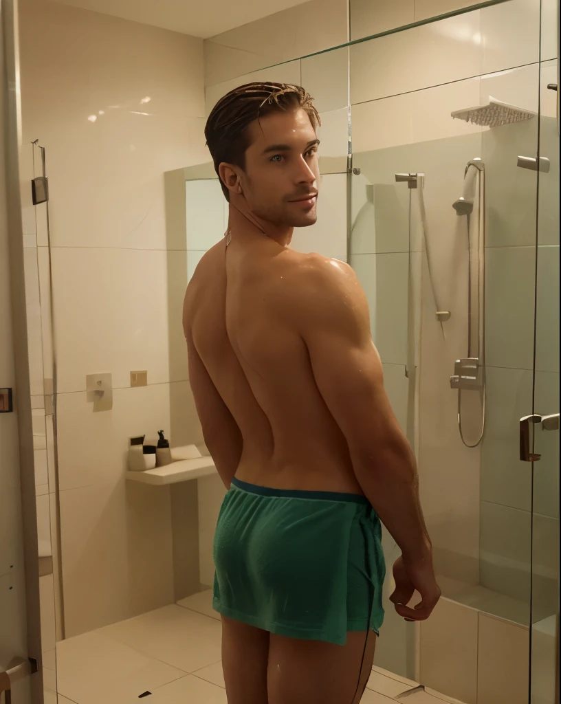 (((full body image from the rear of handsome 35 year old desirable caucasian man with distinguished features looking over his right shoulder at the camera as he steps into a shower with only a towel around his waist))), ((light brown medium length hair, cropped sides, clean shaved face)), realistic, athletic build, tall height, seductive smile with a gentle expression, detailed depiction of facial features, perfectly symmetrical face, bright indoor lighting masterfully accentuates his excellent features
