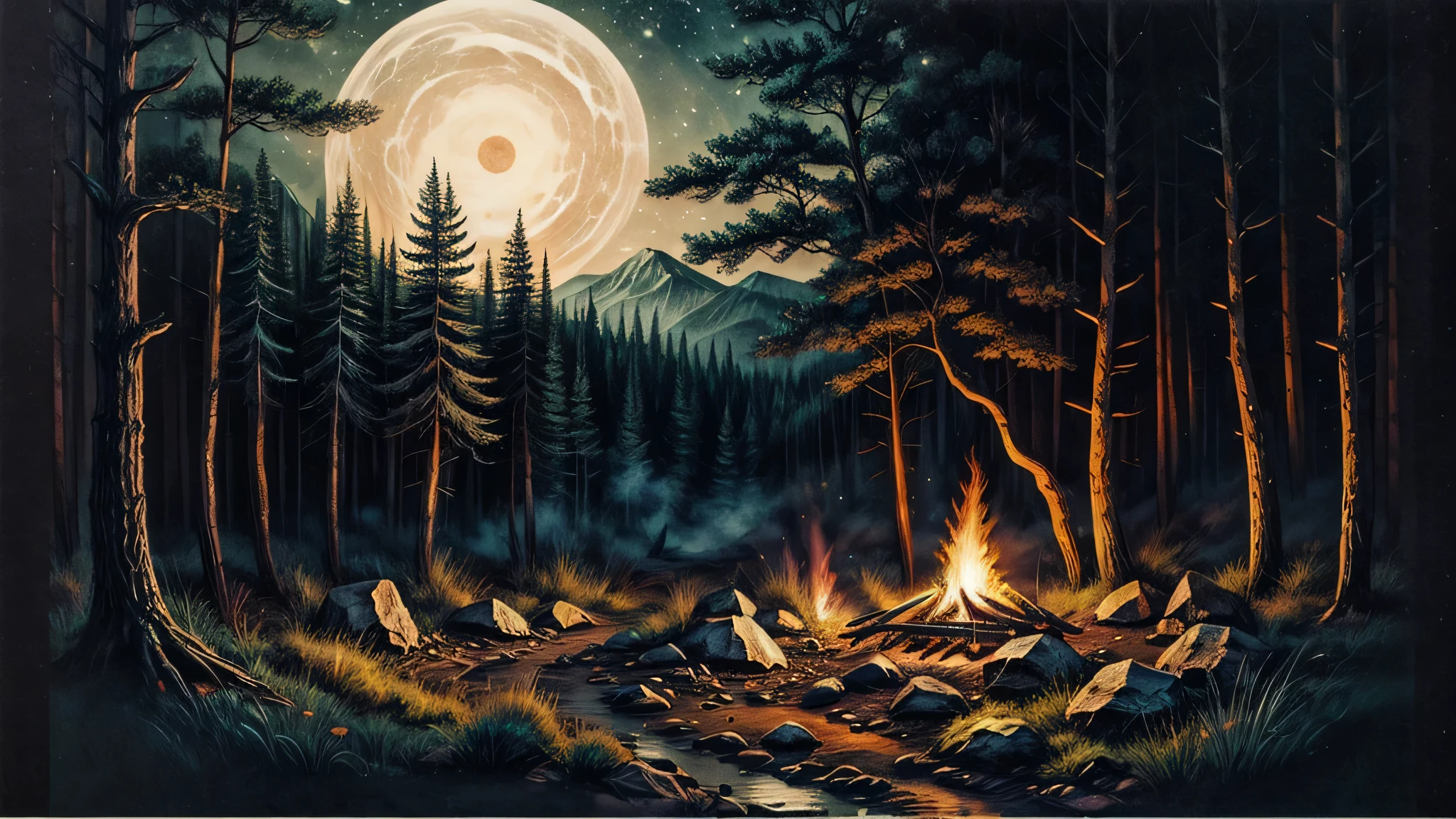 1970’s dark fantasy book cover paper art drawing of a bonfire in the forest at night