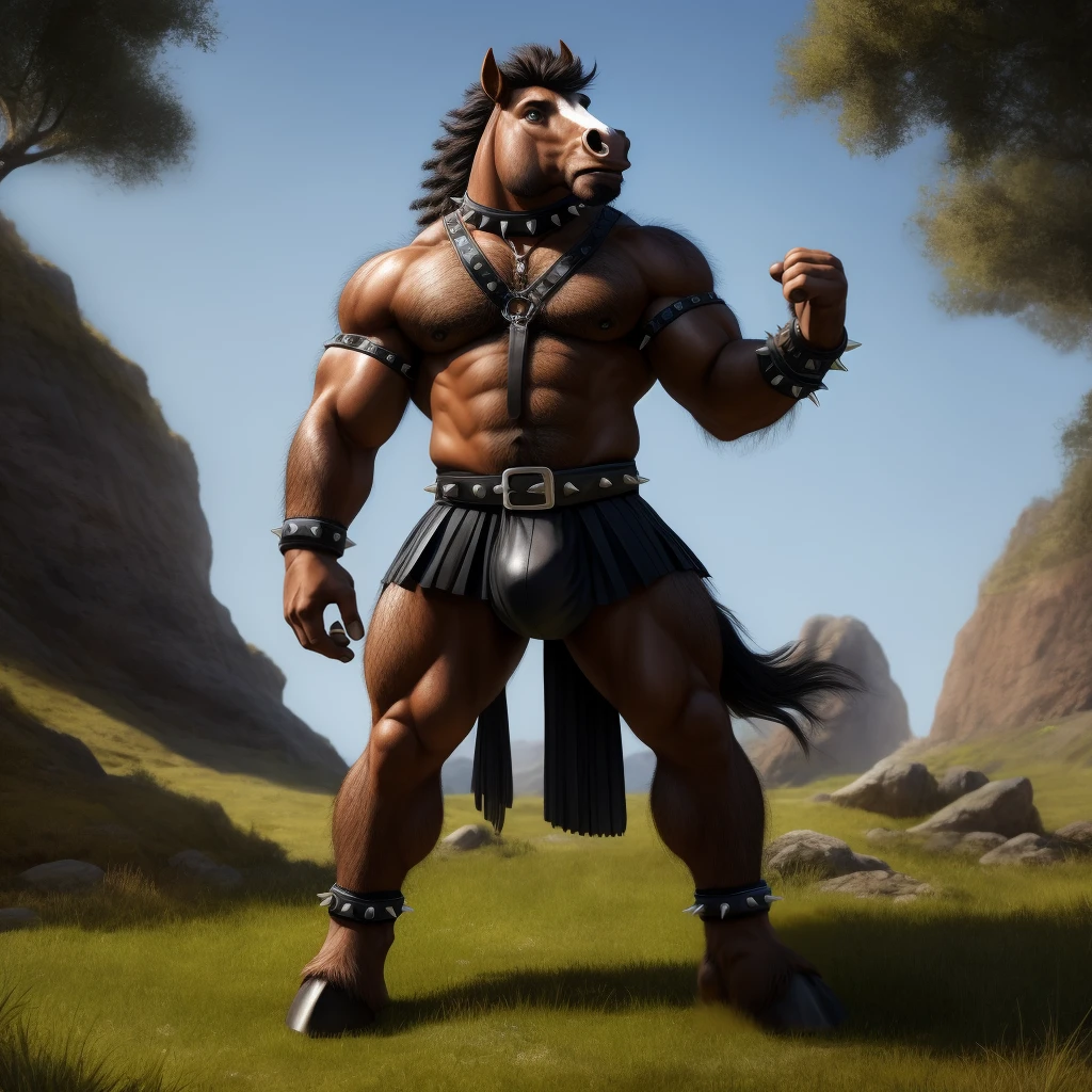 Furry, Antro, anthropomorphic, Solo, Horse, Equinene, loong horse tail, (furry Brown ocre), tribal tattoo arm, (Male Bulge), (Nose Ring), Conk, (Ring Noise), Narigon, (Aro en Nariz), (Piercing noise), Big Balls, Big Ass, Wearing a Black Leather Harness, Arnes Negro, Black bicep leather bracelet, Leather Buckle Armband, Gladiator Clothing, Leather fringe skirt, black leather warrior skirt, thread thong, Black Belt, Spiked Collar, Spiked Wristbands, (Leather Bicep Arm Strap), man pendant, Spiked Anklet, Hooves, Hairy, Full Body, Braided Mane, Hairy Torso, Seen Standing, Upright Standing Pose, Blue Pupil Eyes, High Resolution, 4K Detailed, Good Lighting, Beautiful, Blue Sky Background with Green Grass Meadow, black hair, photorealistic, Furry