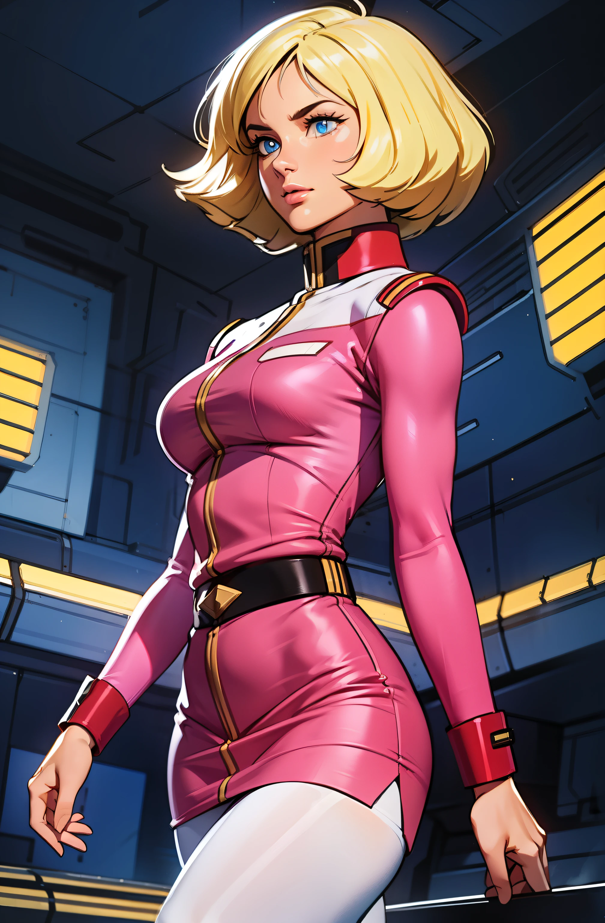 ((masterpiece)), ((cinematic lighting)), realistic photo、Real Images、Top image quality、1girl in, sayla mass, Elegant, masterpiece, Convoluted, slim arms, wide hips, thick thighs, thigh gaps, Best Quality, absurderes, high face detail, Perfect eyes, mature, Cowboy Shot, , Vibrant colors, soft pink uniform, soft pink Skirt, white tights, side view