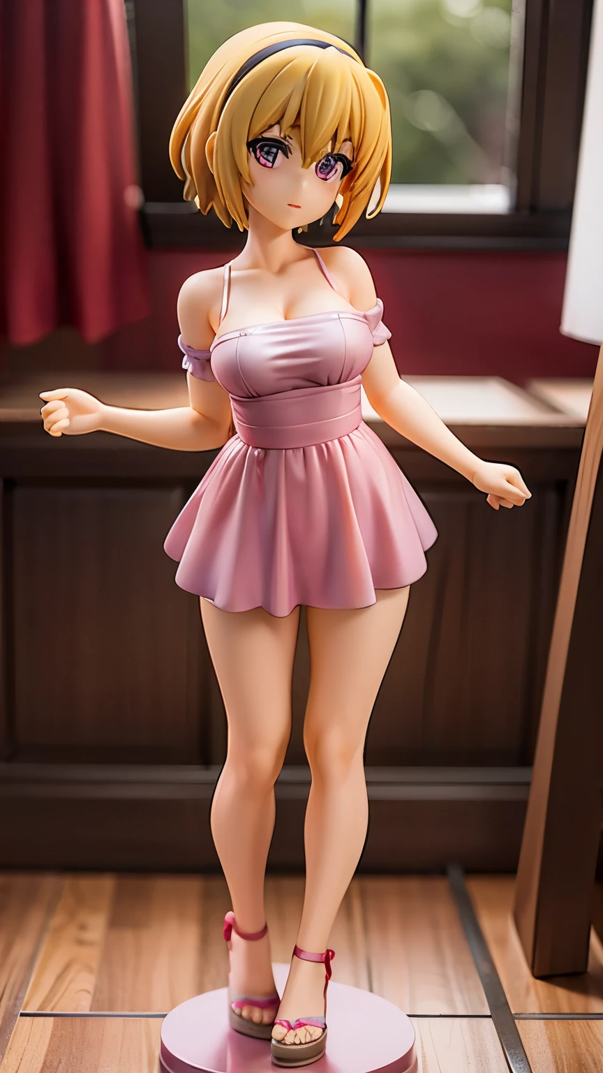 satoko figure standing by the window, figurine pink dress, naked