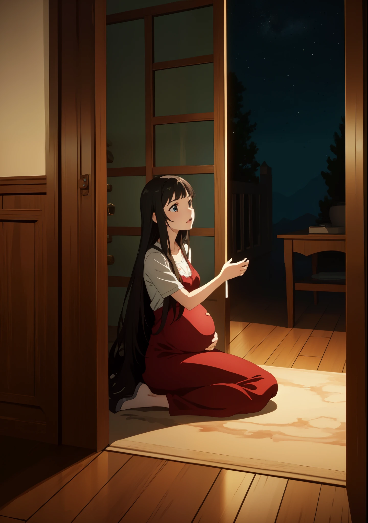 ((anime)), ((Young woman)), (pregnancy), (masterpiece:1.2), Best quality, a high resolution, unity 8k wallpaper, (illustration:1.2), (very detailed face), (Perfect hands), (perfect anatomy), (((turned away from the camera)))