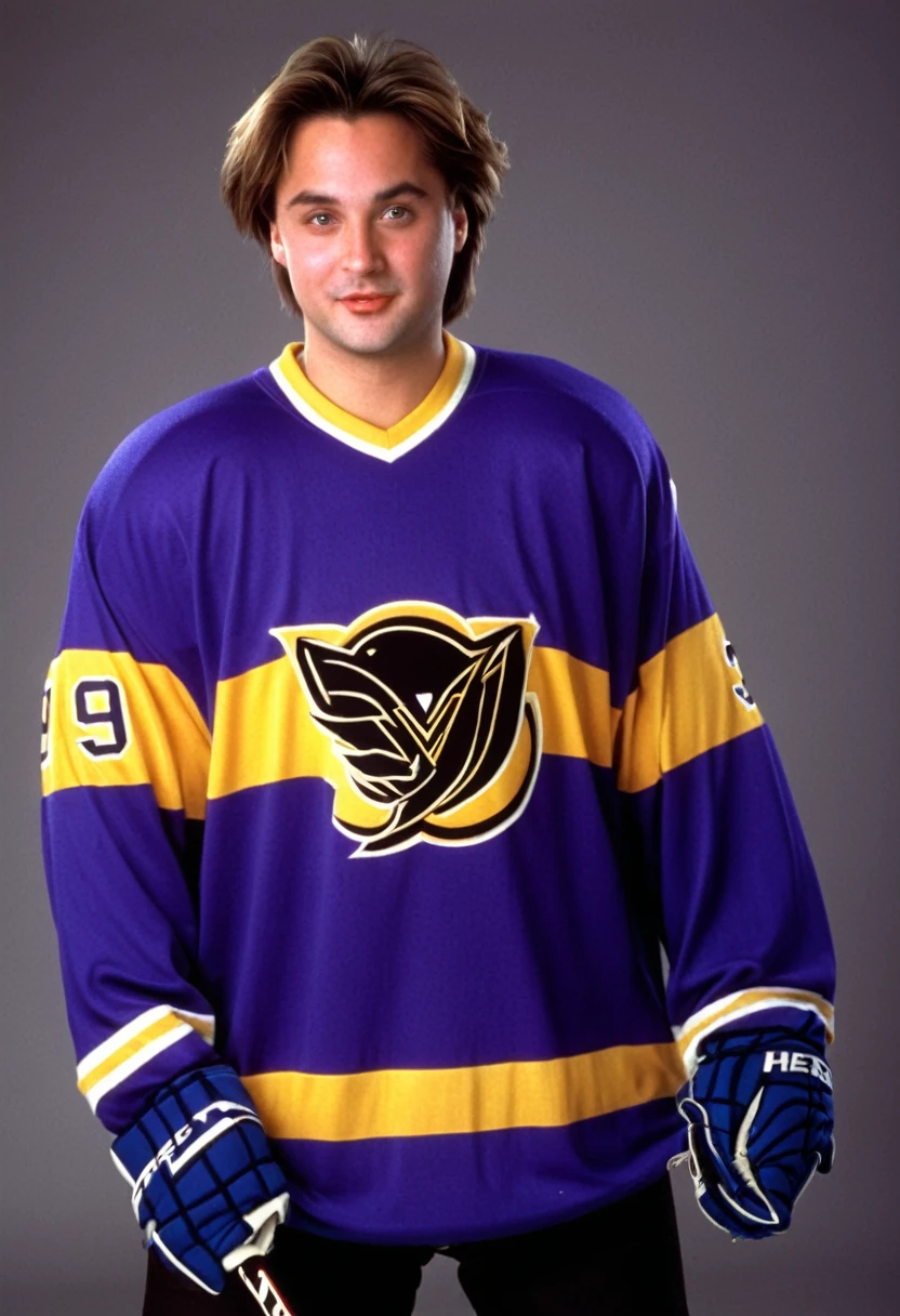 will friedle, 1990s, 90s, hockey jersey, short floppy hair, blank background
