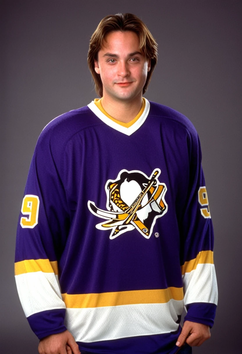 will friedle, 1990s, 90s, hockey jersey, short floppy hair, blank background