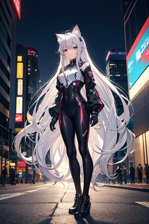 masterpiece, highest quality, High resolution,Anime Style、Silver Hair、Long Hair、Cat ear、Lactate Suit、Standing in the city at night