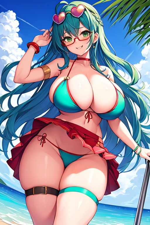 1girl, large breasts, thick thighs, breasts, blue hair, eyewear on head, red glasses, green bikini, bikini, highleg, smile, green eyes, skirt, thigh strap, beach