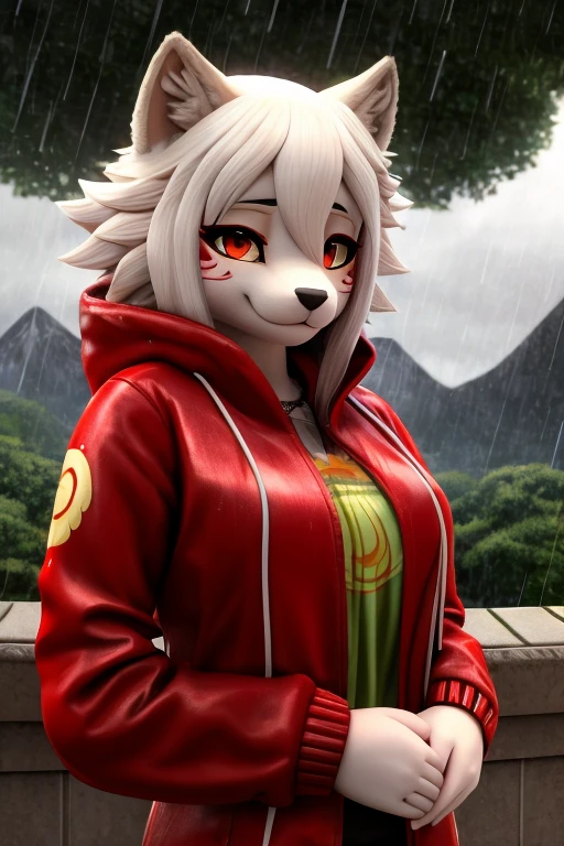 Okami Amanterasu diosa del sol furry, con una chaquetas impermeables roja, looking at the rain as the drops fall from his head and pass over his body in a small park while it rains, cloudy with a nice view of the mountains in the background, beautiful and cute furry, HD 3D 4k