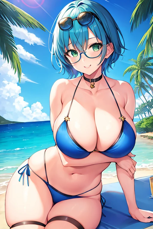 1girl, large breasts, thick thighs, breasts, blue hair, very short hair, pixie cut, eyewear on head, blue bikini, bikini, highleg, smile, green eyes, skirt, thigh strap, beach