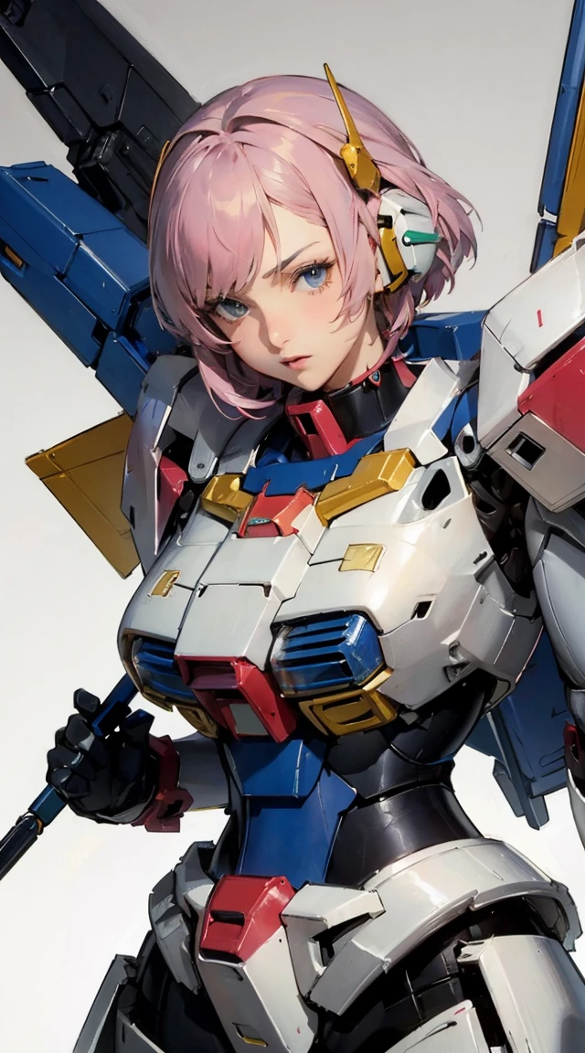 Textured skin, Super Detail, high details, High quality, Best Quality, hight resolution, 1080p, hard disk, Beautiful,(Gundam),beautiful cyborg woman,Mecha Cyborg Girl,Battle Mode,Girl with a Mecha Body, 14years, Pink ribbon, Colossal , She wears a futuristic Gundam mecha,Fulll body Shot