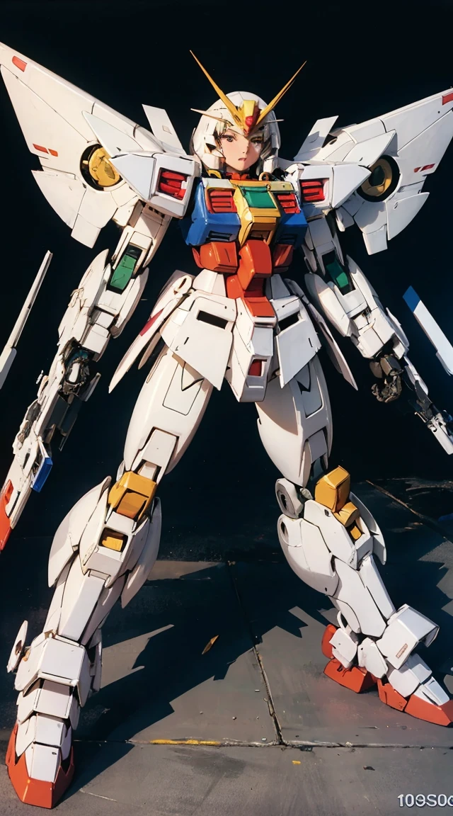 Textured skin, Super Detail, high details, High quality, Best Quality, hight resolution, 1080p, hard disk, Beautiful,(Gundam),beautiful cyborg woman,Mecha Cyborg Girl,Battle Mode,Girl with a Mecha Body, 14years, Pink ribbon, Colossal , She wears a futuristic Gundam mecha,Fulll body Shot