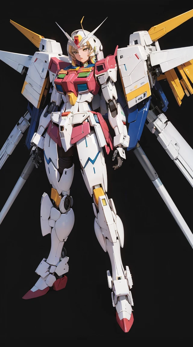 Textured skin, Super Detail, high details, High quality, Best Quality, hight resolution, 1080p, hard disk, Beautiful,(Gundam),beautiful cyborg woman,Mecha Cyborg Girl,Battle Mode,Girl with a Mecha Body, 14years, Pink ribbon, Colossal , She wears a futuristic Gundam mecha,Fulll body Shot