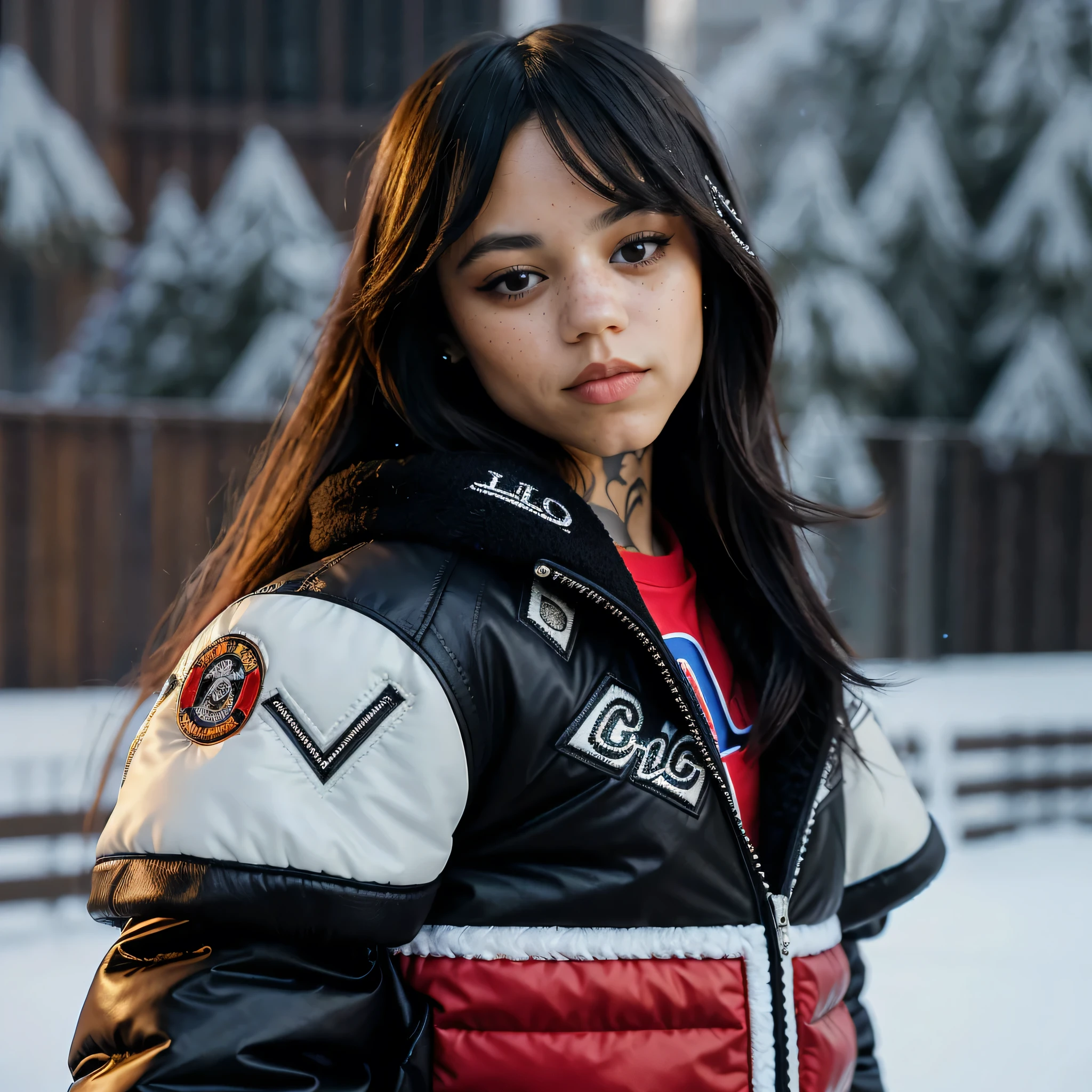 jenna orterga, jenna_ortega wearing motorcycle club jacket with puffer, slim, long hair, charly_jordan:0.6,
headshot, close-up, upper body, snowy background, early twenties, age:21, 21, portrait,