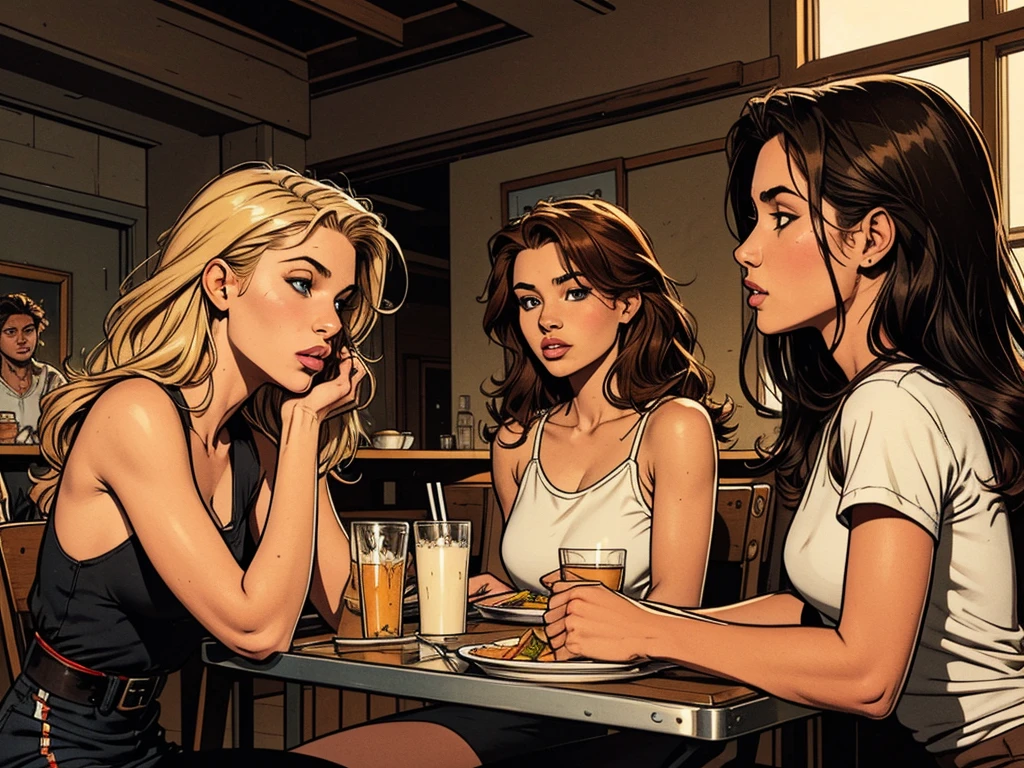 typical college dining hall:1.0,metal square tray:1.2, morning light, naughty girls, 14-years-old young girls, chatting, gossip, modern fashion style, typical teenager outfit:1.2, detailed lips and face, blond|black-haired|red-haired, simple table,