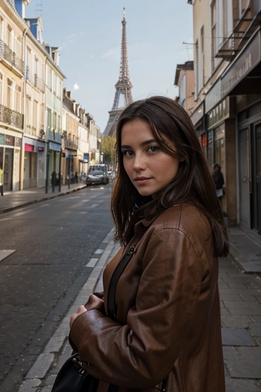 une femme brune et belle qui prend une photo vers la tour effiel