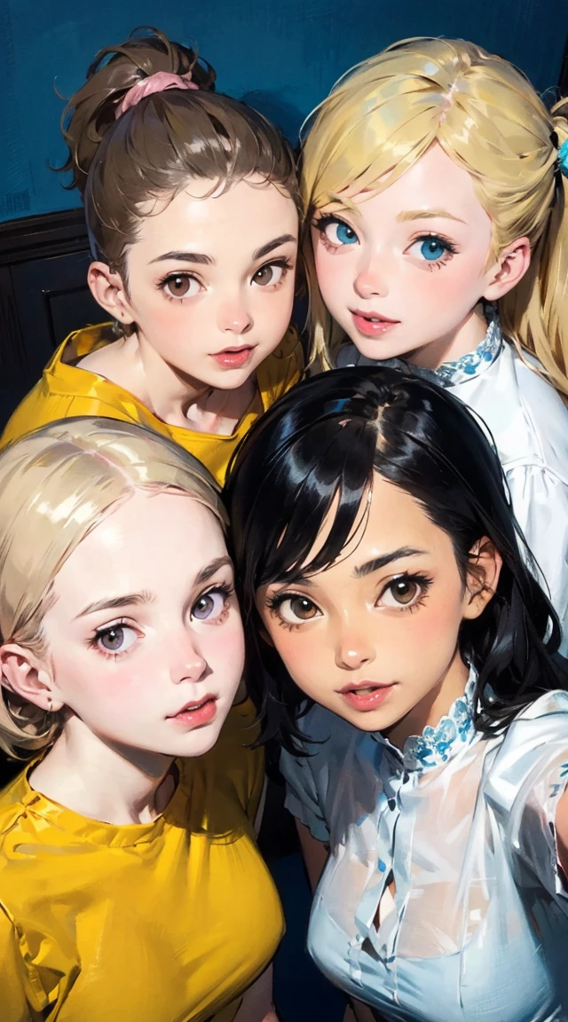 (Best Quality,4K,High resolution), Delicately expressed illustrations with realistic details,Gathering of 5 women+selfee,Looking at the camera、Point the camera up,Staring at this、Smile,Red color clothes,(Black long straight hair),Yellow clothes,( Brown bob hair)Blue color clothes,(short-haired and disheveled hair,,,,) pink color clothes,( Beautiful with a pink ponytail),white colored clothes,(Blonde twintails),5 women of idol type,stage,Lively exterior,comic strip,animesque,Comical illustration,Cute illustrations delicately drawn in detail,Looking up at the camera from above