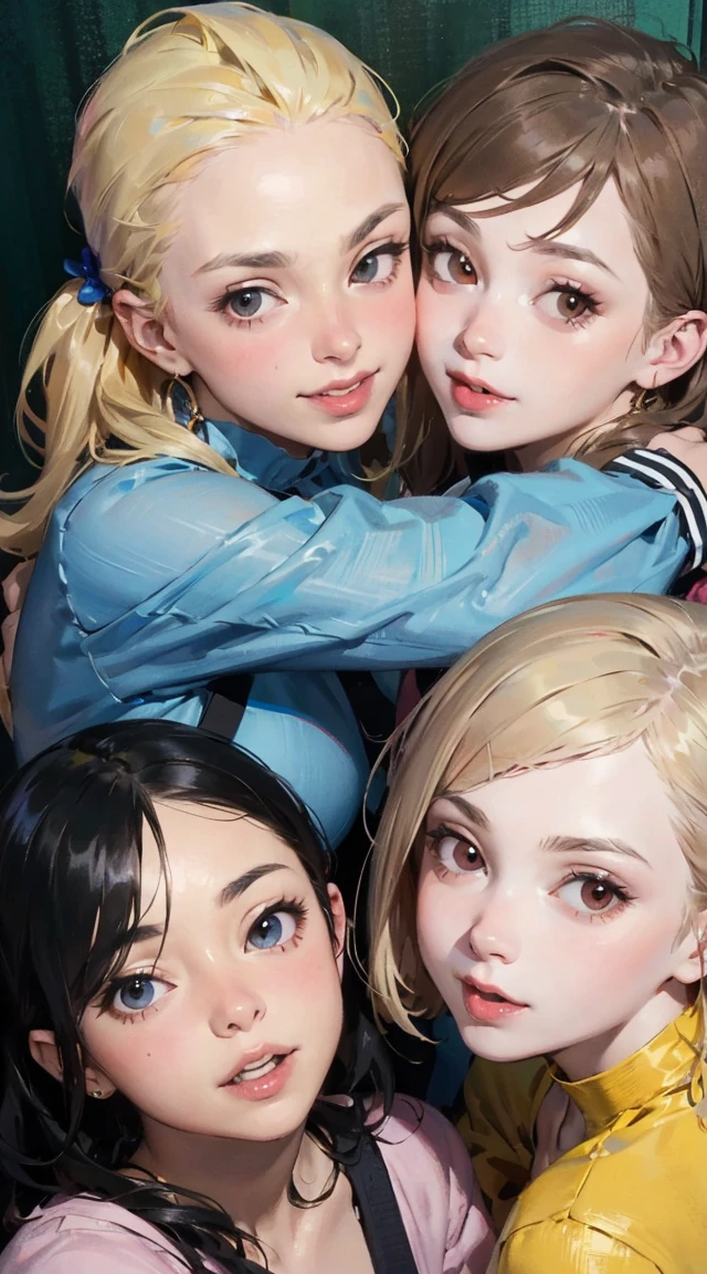 (Best Quality,4K,High resolution), Delicately expressed illustrations with realistic details，Gathering of 5 women＋selfee，Looking at the camera、Point the camera up，Staring at this、Smile，Red color clothes，（Black long straight hair），Yellow clothes，（ Brown bob hair）Blue color clothes，（short-haired and disheveled hair,,,,） pink color clothes，（ Beautiful with a pink ponytail），white colored clothes，（Blonde twintails），5 women of idol type，stage，Lively exterior，comic strip，animesque，Comical illustration，Cute illustrations delicately drawn in detail，Looking up at the camera from above