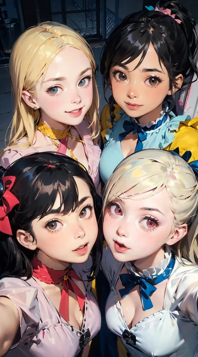 (Best Quality,4K,High resolution), Delicately expressed illustrations with realistic details，Gathering of 5 women＋selfee，Looking at the camera、Point the camera up，Staring at this、Smile，Red color clothes，（Black long straight hair），Yellow clothes，（ Brown bob hair）Blue color clothes，（short-haired and disheveled hair,,,,） pink color clothes，（ Beautiful with a pink ponytail），white colored clothes，（Blonde twintails），5 women of idol type，stage，Lively exterior，comic strip，animesque，Comical illustration，Cute illustrations delicately drawn in detail，Looking up at the camera from above