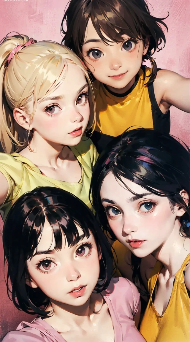 (Best Quality,4K,High resolution), Delicately expressed illustrations with realistic details，Gathering of 5 women＋selfee，Looking at the camera、Point the camera up，Staring at this、Smile，Red color clothes，（Black long straight hair），Yellow clothes，（ Brown bob hair）Blue color clothes，（short-haired and disheveled hair,,,,） pink color clothes，（ Beautiful with a pink ponytail），white colored clothes，（Blonde twintails），5 women of idol type，stage，Lively exterior，comic strip，animesque，Comical illustration，Cute illustrations delicately drawn in detail，Looking up at the camera from above