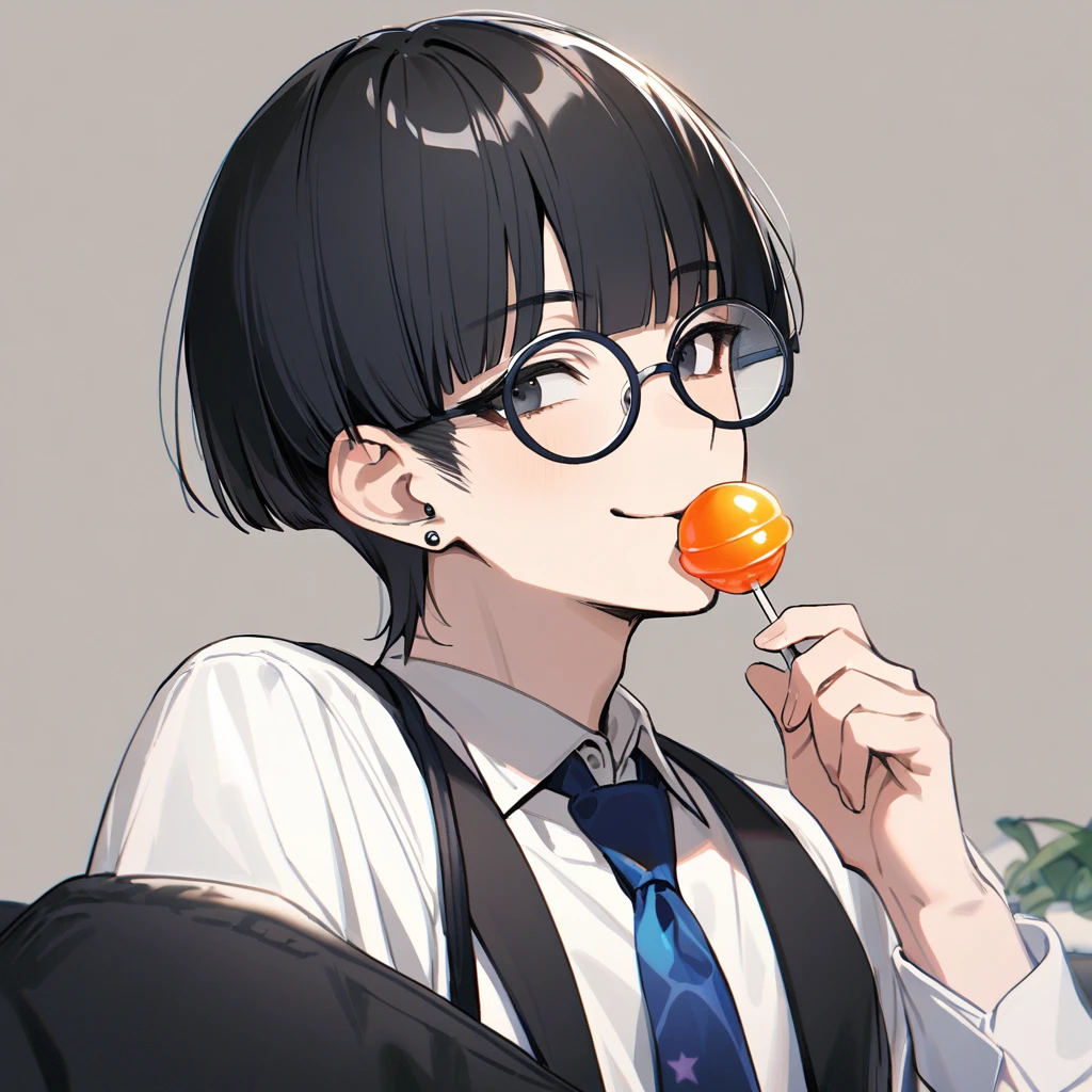 1 man, black hair, bangs, bowl cut, piercing, flamboyant, smiling, black eyes, handsome, white shirt, blue tie, sucking a lollipop, holding a lollipop, cute, innocent, round big glasses