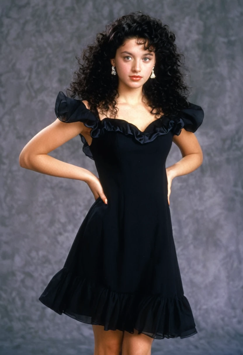 twenty year old woman with long very curly black hair, 1990 style dress, 1996, 90s, german-italian, 1990s, attractive, soap opera vixen, studio portrait