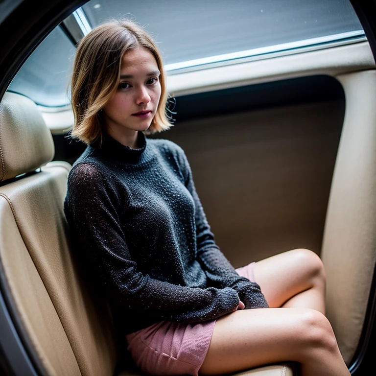 A blond young sexy woman with short hair and hot clothes sits on a seat in a spaceship and the window can show beautiful stars