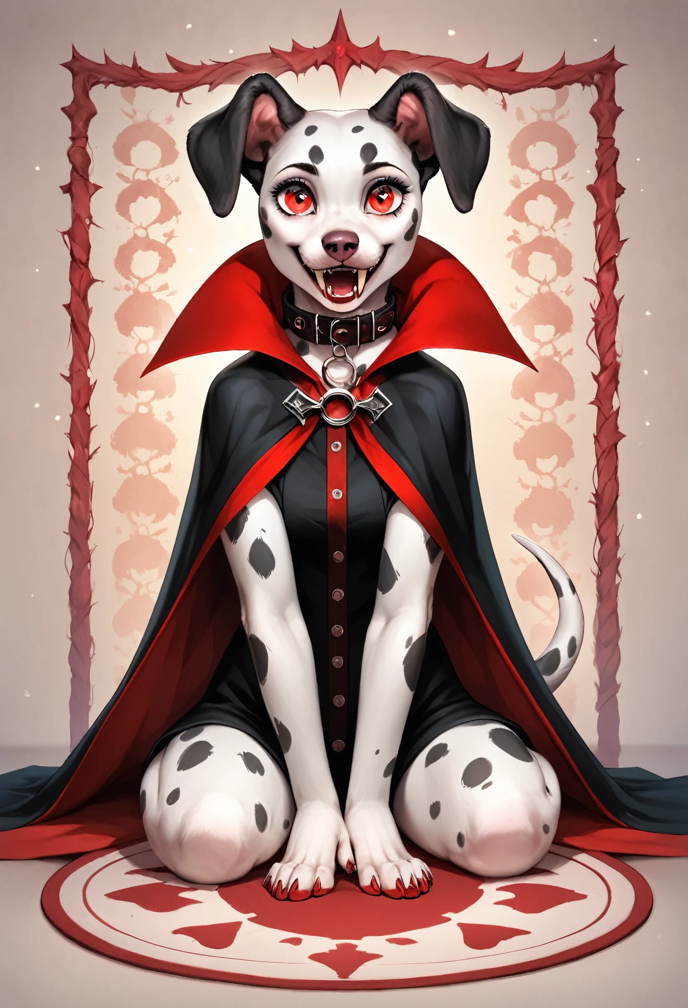 score_9, score_8_up, score_7_up, score_6_up, detailed background, anthro, furry, female, dog, Dalmatian, dolly_d, white fur color, red vampire eyes, collar, animal ears, tail, ((sitting, pretty eyes, raising one paw, looking straight ahead, happy)) (park, temperature quality, photography design, cartoon realistic style), long black vampire cape, sharp vampire fangs, full body,