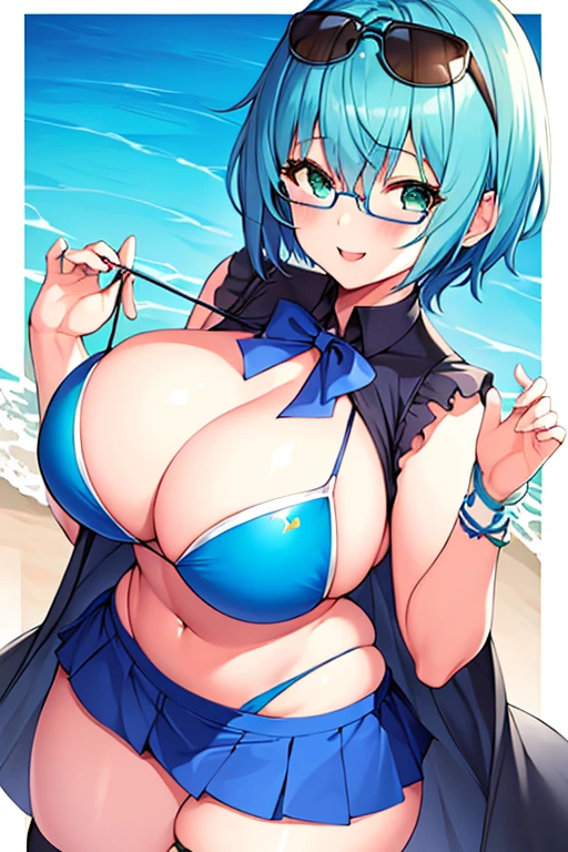 1girl, large breasts, thick thighs, breasts, blue hair, very short hair, pixie cut, eyewear on head, blue bikini, bikini, highleg, smile, green eyes, skirt, thigh strap, beach