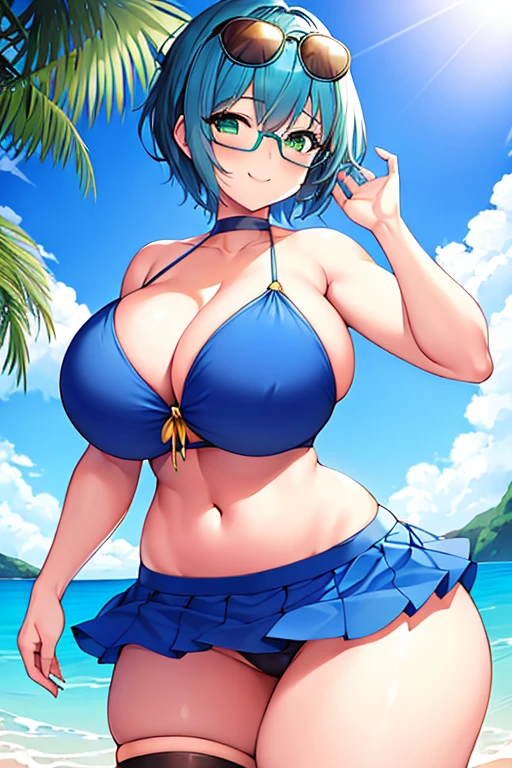 1girl, large , thick thighs, breastshair, very short hair, pixie cut, eyewear on head, blue bikini, bikini, highleg, smile, green eyes, skirt, thigh strap, beach