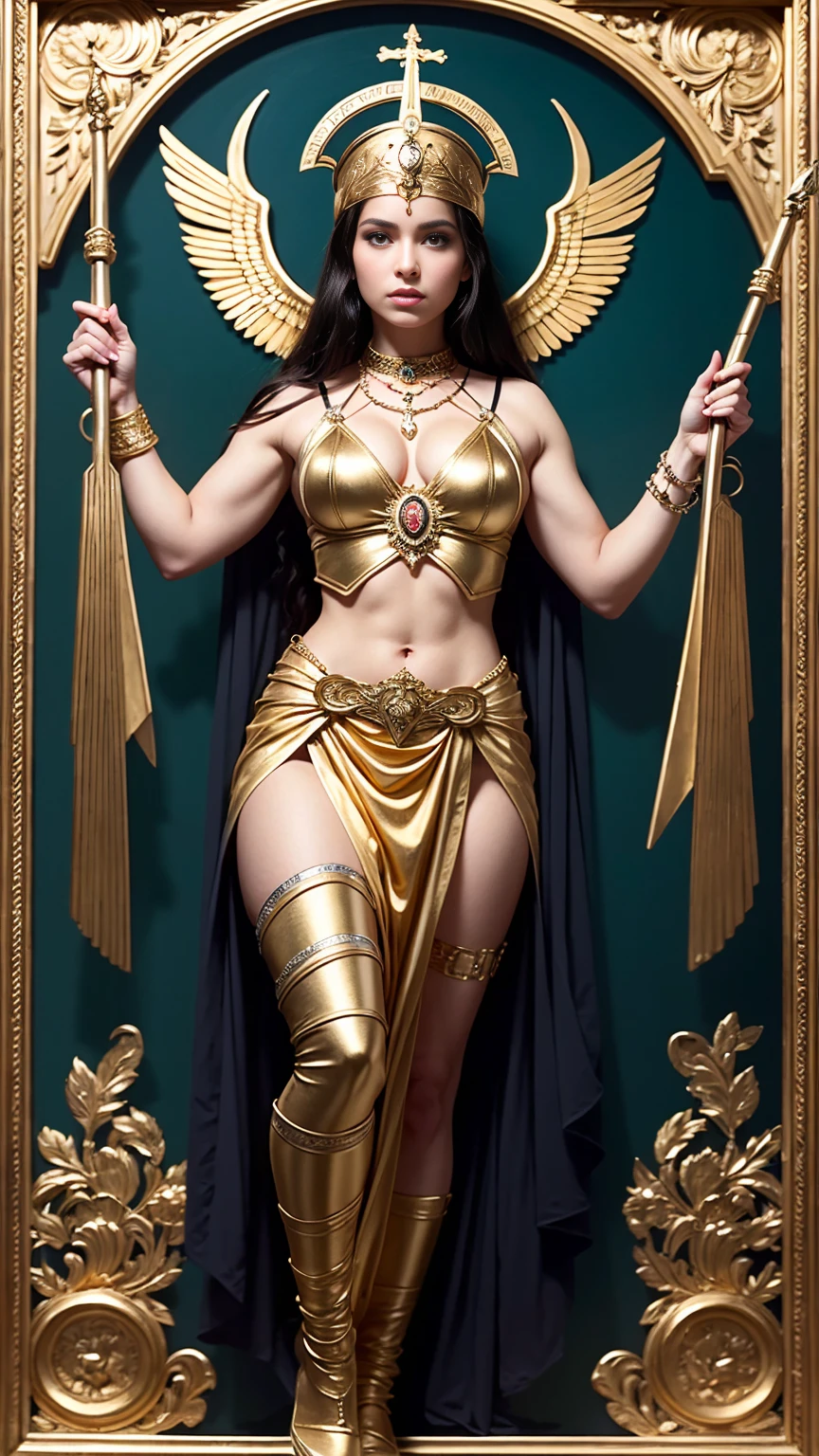The painting captures the majestic figure of Athena, the goddess of wisdom and war, rendered in the revered style of Greek Orthodox iconography. She stands tall and imposing, her muscular form exuding divine strength and power. Her physique is a testament to her warrior nature, with well-defined muscles that speak of both grace and might.

Athena is adorned in resplendent armor, a blend of gold and silver that gleams with an ethereal light. The armor is intricately detailed, featuring elaborate designs and symbols that represent wisdom and warfare. Each piece fits her perfectly, from the ornate breastplate embossed with scenes of victory to the vambraces that encase her powerful arms. The craftsmanship is exquisite, with patterns and motifs that are both classical and divine.

Her face is a striking combination of serenity and fierceness, embodying both the intellect and the warrior spirit. Her eyes are piercing, reflecting a profound intelligence and unwavering determination. A golden halo surrounds her head, a traditional element of Greek Orthodox iconography, signifying her divine status.

In her right hand, Athena holds a spear, its tip glinting as if imbued with celestial power. The spear is a symbol of her readiness to protect and defend. In her left hand, she bears a large shield adorned with the head of Medusa, a powerful emblem of protection and fearlessness.

The background of the painting is a harmonious blend of vibrant colors and intricate patterns typical of Orthodox iconography. Behind Athena, classical Greek architecture frames the scene, with columns and arches that enhance the sense of ancient reverence. Symbols of wisdom, such as the owl and the olive tree, are subtly incorporated into the backdrop, adding layers of meaning and depth.

The painting exudes a sense of divine authority and strength, capturing Athena in all her glory as a muscular, armored goddess, ready to impart wisdom and lead in battle.
