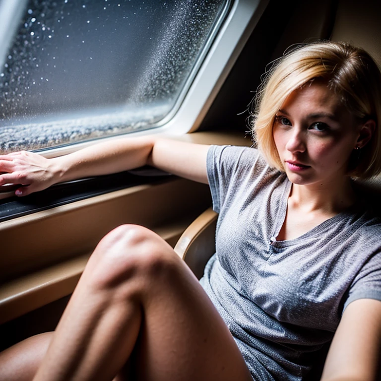 A blond young sexy woman with short hair and hot clothes sits on a seat in a spaceship and the window can show beautiful stars