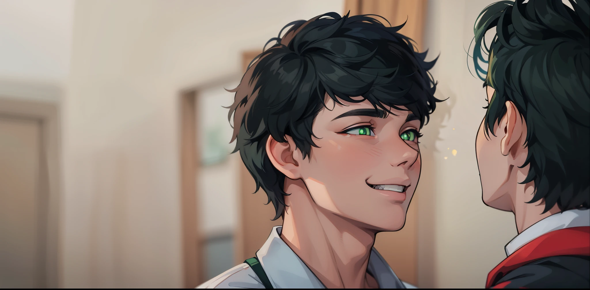 cute 17 year old boy smiles maliciously with mischief speaks with mischief green eyes