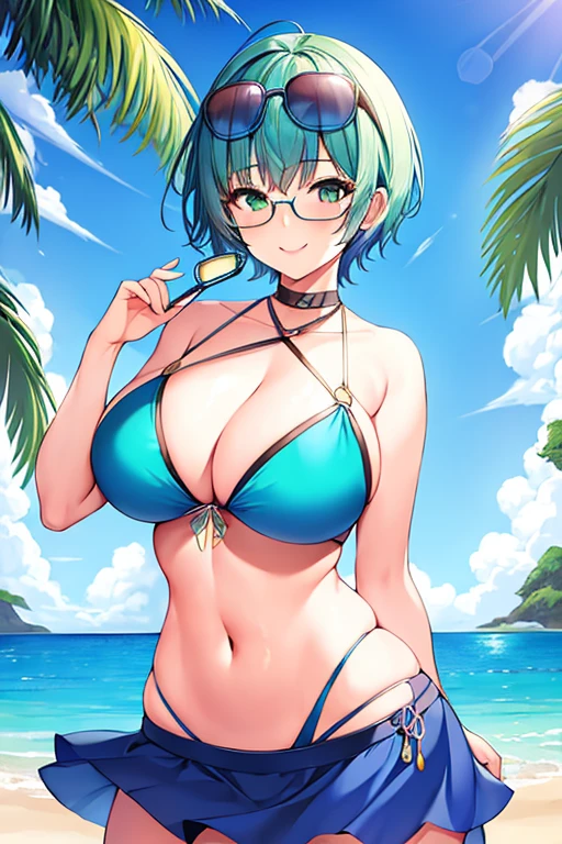 1girl, large breasts, thick thighs, breasts, blue hair, very short hair, pixie cut, eyewear on head, blue bikini, bikini, highleg, smile, green eyes, skirt, thigh strap, beach