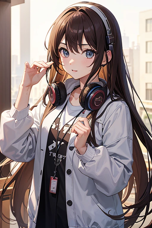 masterpiece, highest quality, High resolution,Anime Style、Brown Hair、Long Hair、Put your headphones around your neck、In town