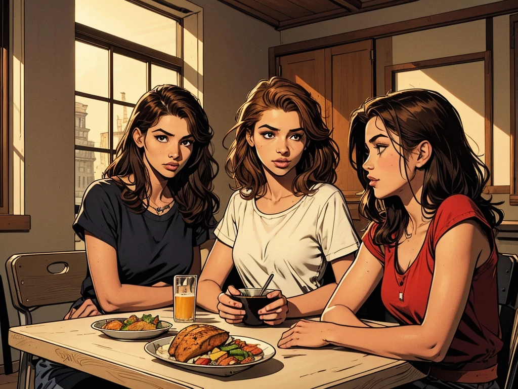 typical college dining hall:1.0,metal square tray:1.2, morning light, 14-years-old young girls, chatting, gossip, typical teenager outfit:1.2, detailed lips and face, blond|black-haired|red-haired, simple table,