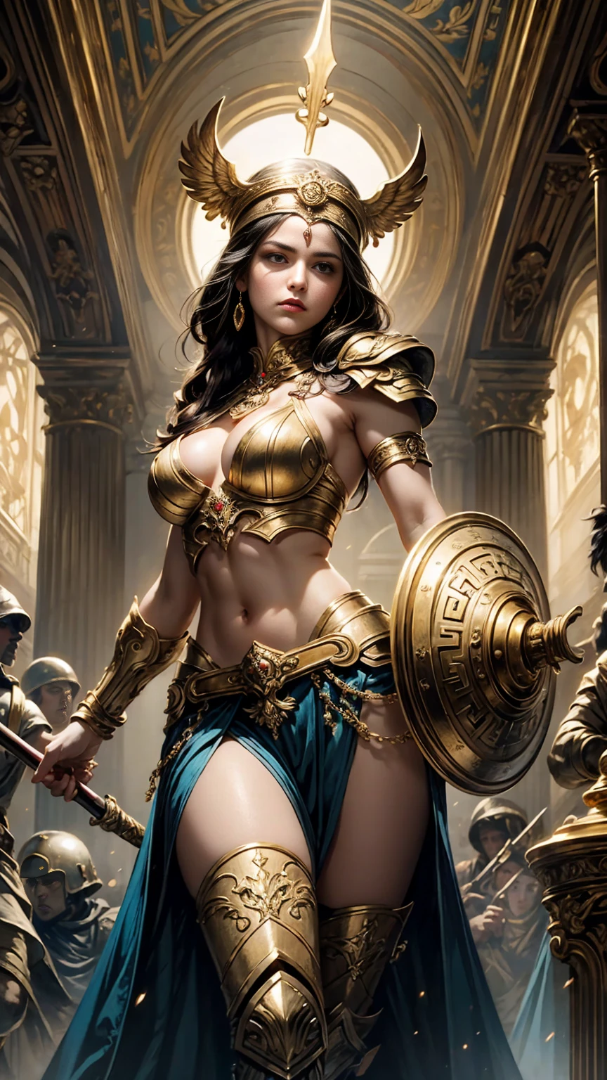 The painting captures the majestic figure of Athena, the goddess of wisdom and war, rendered in the revered style of Greek Orthodox iconography. She stands tall and imposing, her muscular form exuding divine strength and power. Her physique is a testament to her warrior nature, with well-defined muscles that speak of both grace and might.

Athena is adorned in resplendent armor, a blend of gold and silver that gleams with an ethereal light. The armor is intricately detailed, featuring elaborate designs and symbols that represent wisdom and warfare. Each piece fits her perfectly, from the ornate breastplate embossed with scenes of victory to the vambraces that encase her powerful arms. The craftsmanship is exquisite, with patterns and motifs that are both classical and divine.

Her face is a striking combination of serenity and fierceness, embodying both the intellect and the warrior spirit. Her eyes are piercing, reflecting a profound intelligence and unwavering determination. A golden halo surrounds her head, a traditional element of Greek Orthodox iconography, signifying her divine status.

In her right hand, Athena holds a spear, its tip glinting as if imbued with celestial power. The spear is a symbol of her readiness to protect and defend. In her left hand, she bears a large shield adorned with the head of Medusa, a powerful emblem of protection and fearlessness.

The background of the painting is a harmonious blend of vibrant colors and intricate patterns typical of Orthodox iconography. Behind Athena, classical Greek architecture frames the scene, with columns and arches that enhance the sense of ancient reverence. Symbols of wisdom, such as the owl and the olive tree, are subtly incorporated into the backdrop, adding layers of meaning and depth.

The painting exudes a sense of divine authority and strength, capturing Athena in all her glory as a muscular, armored goddess, ready to impart wisdom and lead in battle.