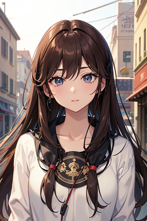 masterpiece, highest quality, High resolution,Anime Style、Brown Hair、Long Hair、Put your headphones around your neck、In town