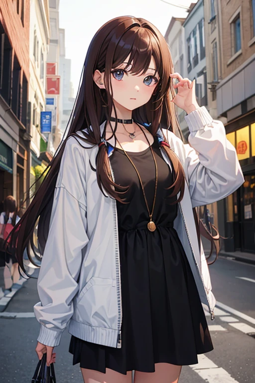 masterpiece, highest quality, High resolution,Anime Style、Brown Hair、Long Hair、Put your headphones around your neck、In town、Are standing