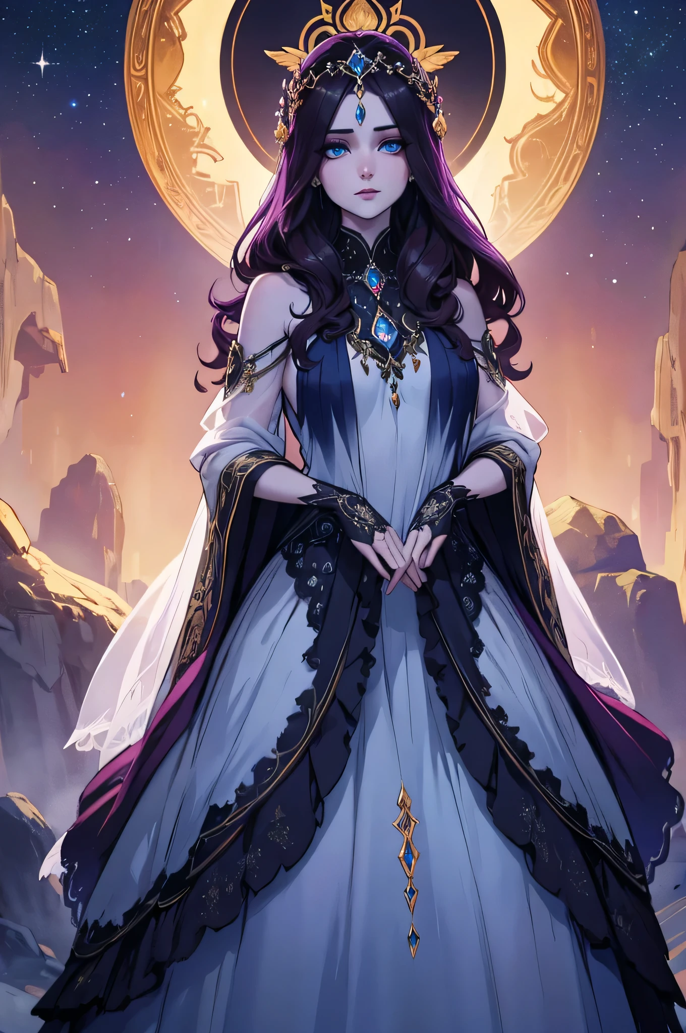 a beautiful goddess of the midnight sky, delicate pale skin, long flowing dark hair, piercing eyes that glimmer with starlight, elegant flowing gown, ethereal and otherworldly presence, serene expression, mystical and mysterious aura, detailed intricate jewelry, dramatic lighting, deep rich color palette, dramatic chiaroscuro lighting, cinematic composition, digital art, fantasy, concept art, highly detailed, photorealistic, 8k, masterpiece