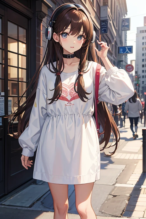 masterpiece, highest quality, High resolution,Anime Style、Brown Hair、Long Hair、Put your headphones around your neck、In town、Are standing