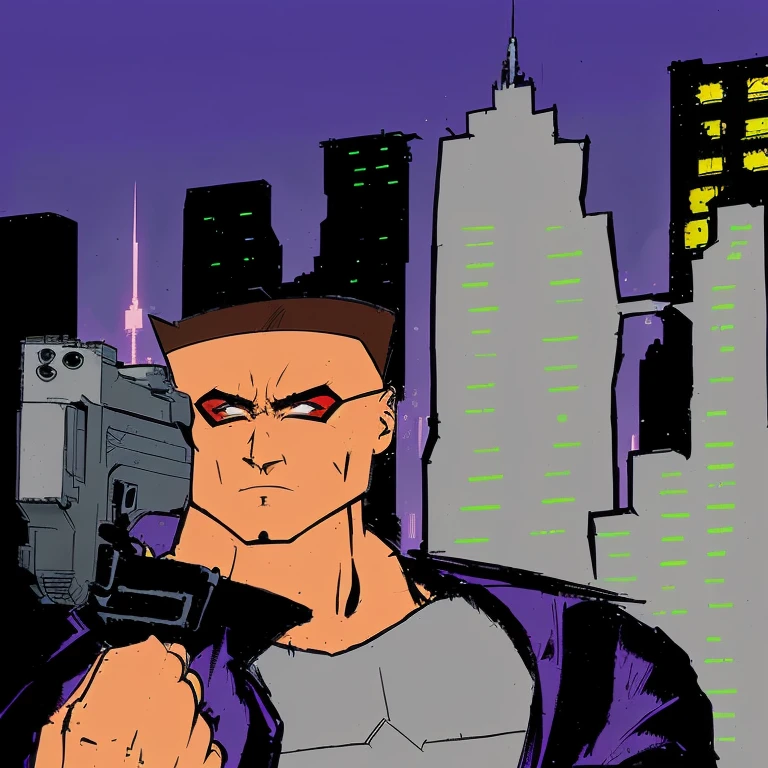 batman the animated animated character holding a gun in front of a city, inspired by Dick Bickenbach, drawn in a neo - noir style, duke nukem art style, cyberpunk street goon, Joe Jusko art style,, drawn in the style of mark arian, cyberpunk hero, inspired by Simon bisley painting, digitally colored