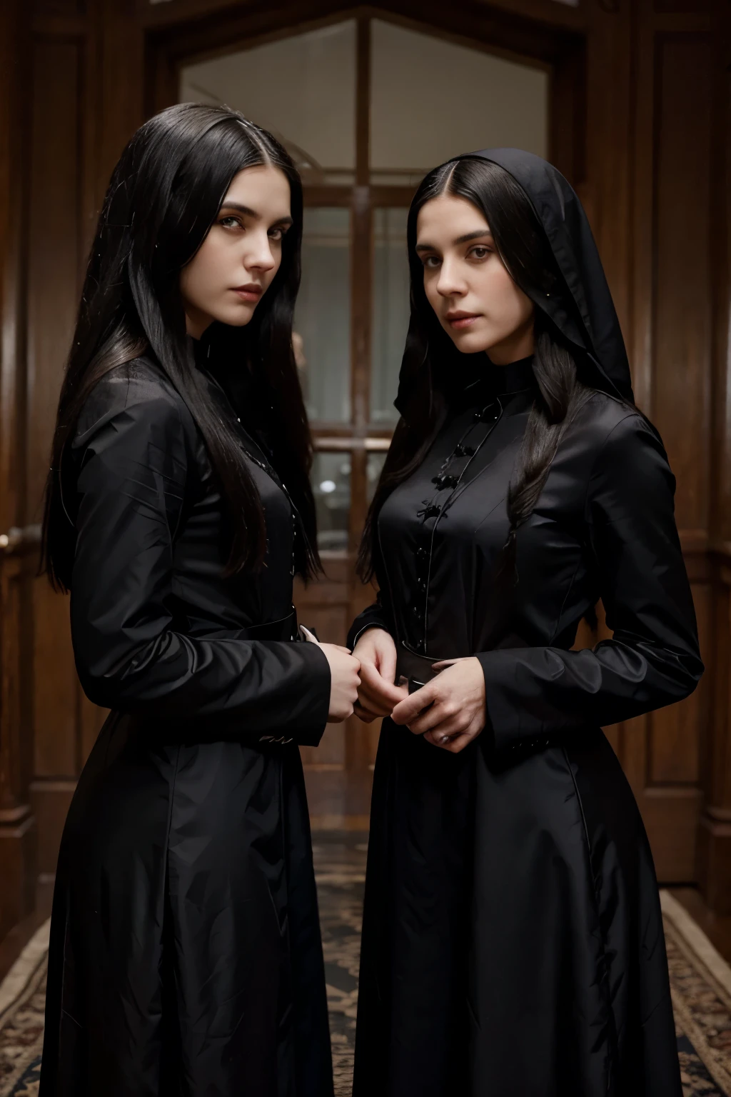 Victorian era, vampires, group of people. young man, black hair, long straight hair, black coat two twin sisters who are nuns, one sister has a more serious appearance and the other is sweeter but morbid. man with a rounded chin, thin lips, small nose, no beard. Short hair, Athletic body