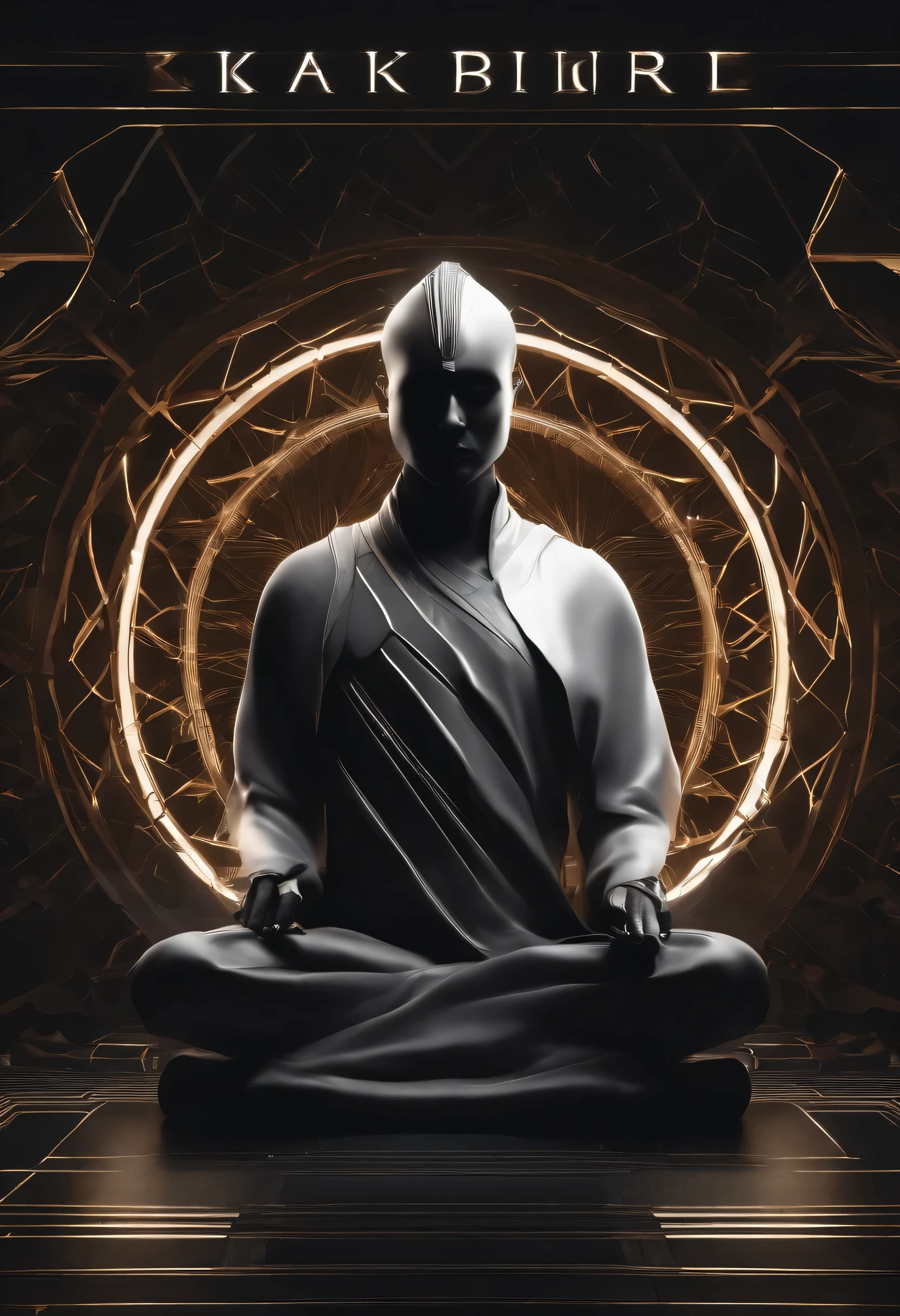 8k detailed digital art, book cover design, abstract geometric background in shades of dark grey and black, sharp angular shapes and lines creating a sense of depth and movement, centered silhouette figure in a dynamic martial arts pose, brain icon overlaid with glowing effects in the center, title text in bold white font at the top, creator name in smaller white font at the bottom, minimalist and futuristic overall aesthetic, high contrast between light and dark elements