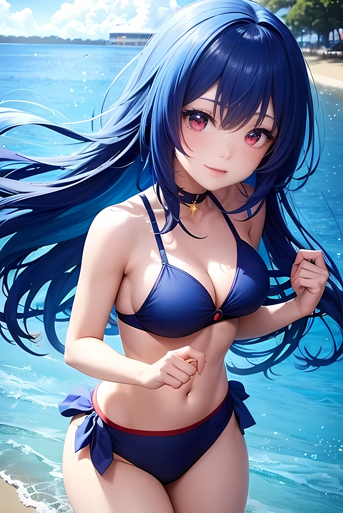 (A anime girl really happy)  (has blue hair and sparkling red eyes) (doing a poss) (background sparkling beach) (4k) (good quality) (HD) 