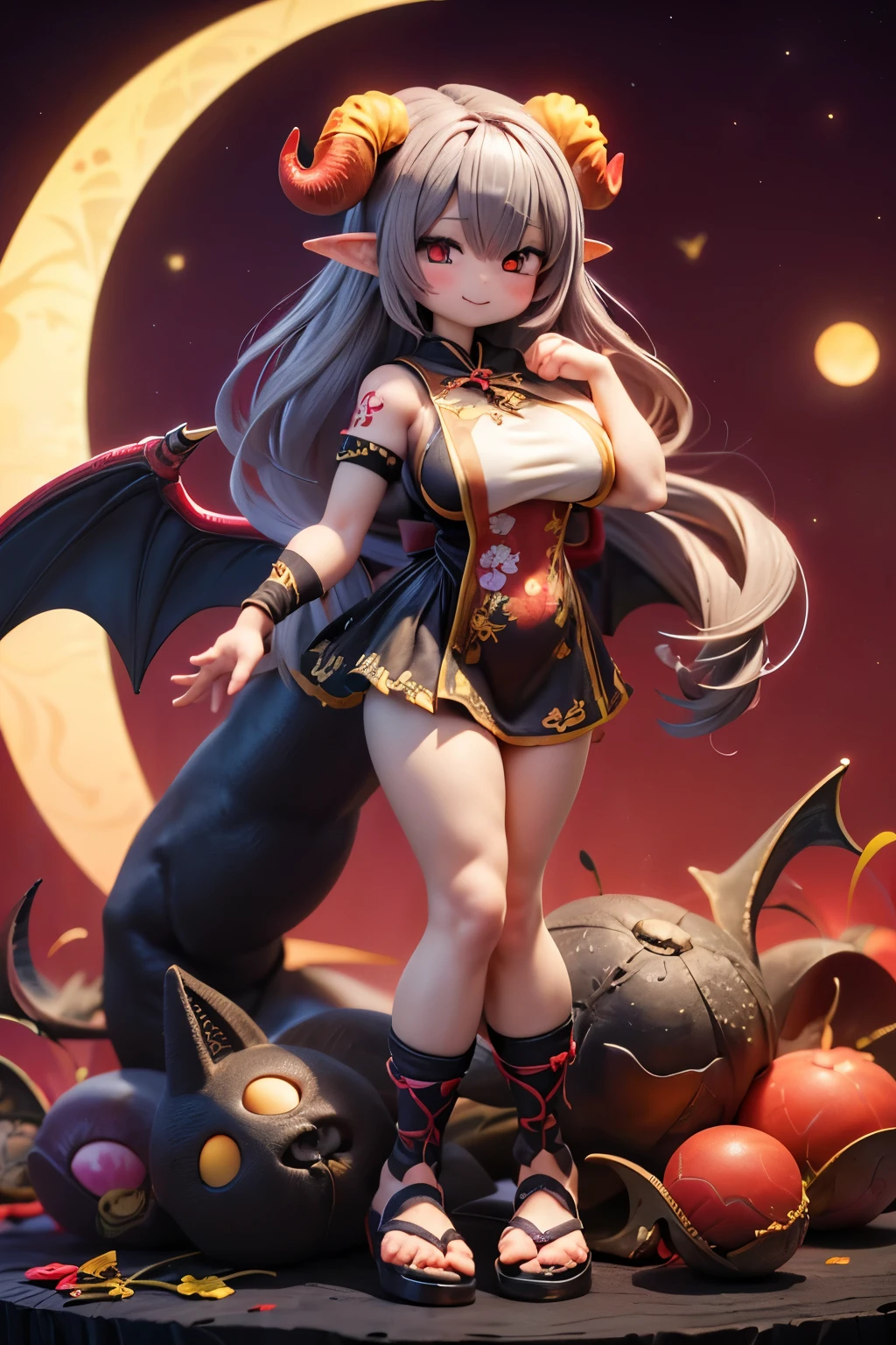 Very detailed,(Fractal Art:1.1),(colorful:1.1)(Flowers:1.3)、 (Dynamic pose), (A night with a shining red moon:1.3)、(Many colors:1.4)、Place the small doll on a circular stand、Cute pose、Laughter、(((very long hair with gray hair)))、Chibi Doll、stars are reflected in my eyes（about）、(((Giant Breasted:1.6))),Sing with a microphone、look up、smile、Cute red shoes、Very detailed, Dazzling Light、Bioluminescence、Stronger bokeh effect、Shooting from the side、(((It has huge ram horns on its head))),(((With giant bat wings))),giant shinigami scythe:1.4、(((Belly tattoo)),