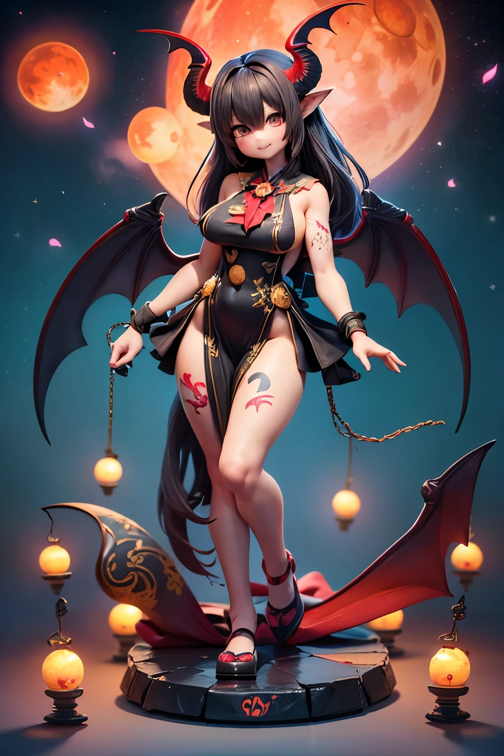 Very detailed,(Fractal Art:1.1),(colorful:1.1)(Flowers:1.3)、 (Dynamic pose), (A night with a shining red moon:1.3)、(Many colors:1.4)、Place the small doll on a circular stand、Cute pose、Laughter、(((very long hair with gray hair)))、Chibi Doll、stars are reflected in my eyes（about）、(((Giant Breasted:1.6))),Sing with a microphone、look up、smile、Cute red shoes、Very detailed, Dazzling Light、Bioluminescence、Stronger bokeh effect、Shooting from the side、(((It has huge ram horns on its head))),(((With giant bat wings))),giant shinigami scythe:1.4、(((Belly tattoo)),