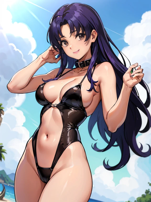 (mesa),(mejor calidad), misato katsuragi, Brown eyes, collar con una cruz,pechos grandes、((smaller head))、1 mujer、、Swimsuit with a small area、poneyTail、Pose sexy con una rodilla de pie、(raw photography:1.2)、(Fotorrealista:1.4)、una sonrisa、piel texturizada、ojos y rostro extremadamente detallados、hermosos ojos detallados、double eyelid、huge file size、(Aumenta la belleza de la textura de la piel.:1.1)、high resolution、piel muy detallada、de primera calidad、fondo de pantalla 8k、luz、teta grande,piernas abiertas、El cofre es visible、 Abre tus piernas、Abre tu entrepierna、Mirada persistente, ojos afilados, sexy lingerie