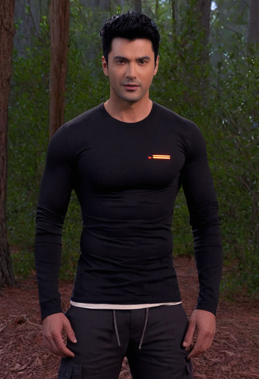 a fogrofia, of a male character, with black hair, brown eyes, with an average age of 30 years, with an athletic physique, he is dressed in black pants, highlighting a 
therapeutic style long-sleeved shirt, with the most important element, emitted red infrared light passing from the inside to the outside of this shirt, the shape of these 
rays are parallel draws all the contours of this shirt, he is in a very environmental square, with some trees, this character is standing looking directly at the camera 
With his hands in his pockets, the camera is positioned from the character's waist upwards.