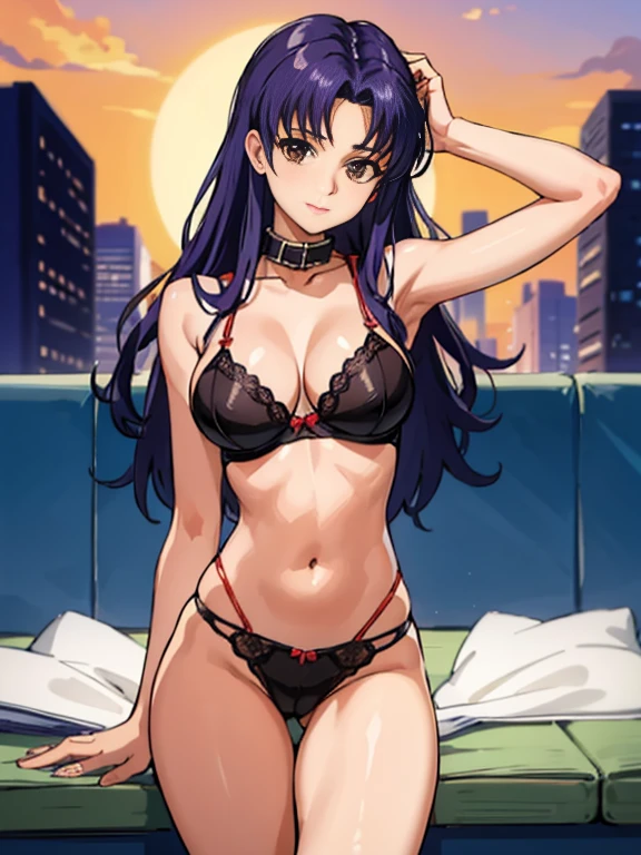 (mesa),(mejor calidad), misato katsuragi, 、Colosal 、Sexy underwear with less area.、sentado con las piernas abiertas en una silla、 Separa las piernas、Brown eyes, collar con una cruz, Mirada persistente, ojos afilados, Separa las piernas、abre la entrepierna、sexy lingerie