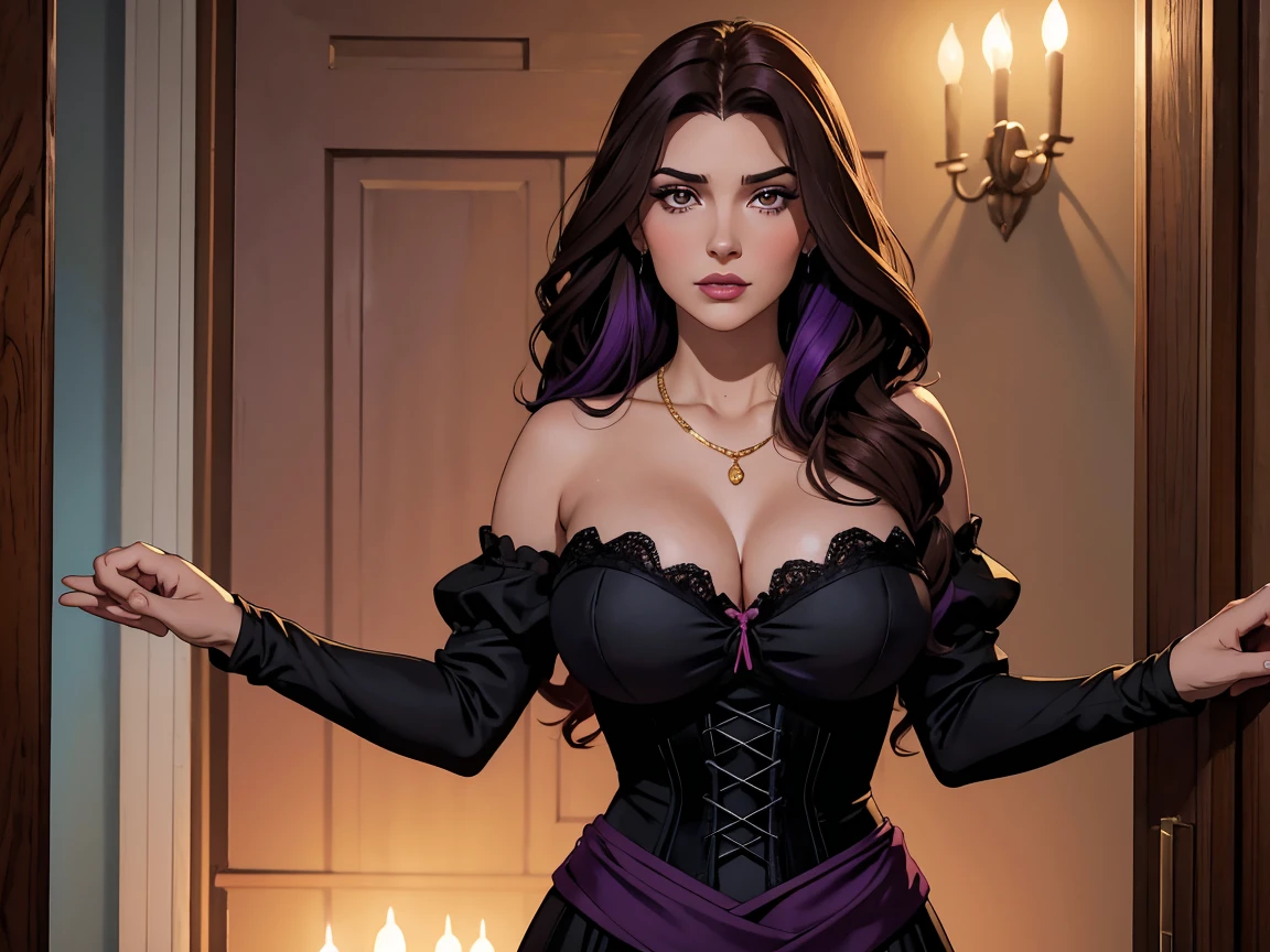 Maga Ilusoria. 42-year-old woman, mentirosa, con personalidad similar a Yennerfer, de The Witcher. It will be high, larga melena morena, piel blanca, brown eyes and will wear a long dress with a certain neckline. Una mujer de exquisita, She stood out for her long, shiny brunette hair with purple highlights that fell in waves over her shoulders.. Sus labios carnosos, painted in a seductive shade of crimson red, complemented the intensity of her large brown eyes that, en conjunto con sus finas cejas ascendentes, They gave him an expression of confidence, casi arrogante, while watching Alesa carefully. Highlighting her long neck, she wore a black lace necklace whose front closure displayed a gold clasp with a pearl., prelude to the generous neckline for her voluminous breasts in which a gunmetal dress opened with a black corset that hugged her fine waist.. Elegant scarlet mittens emerged from her wide sleeves, revealing long, manicured nails dyed violet.. Midgar.

