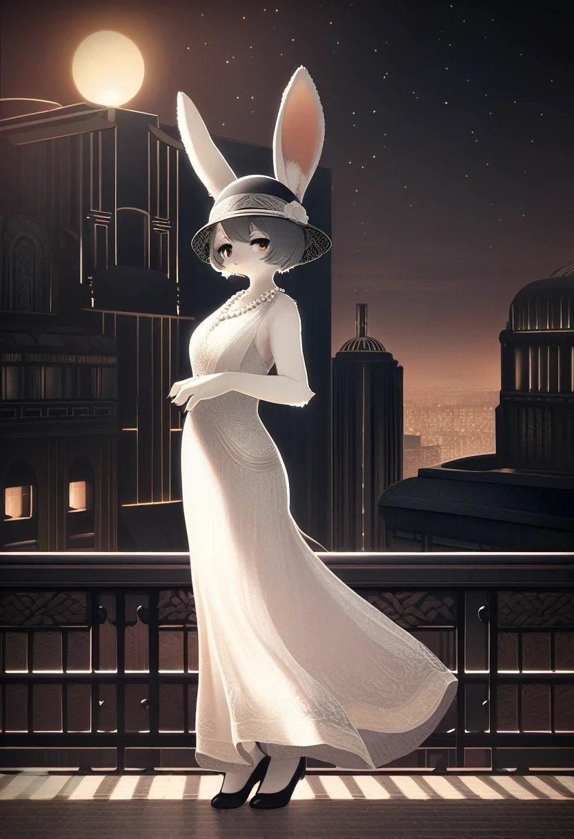 ((Masterpiece)), ((Best Quality)), (Very Detailed), (Very Detailed)), 4K, (8K), very aesthetic, absurdres, highres, illustration, 1 woman, furry, (kemono, anthropomorphic rabbit:1.3), On an urban rooftop, a vintage-style fashion model blends into a black-and-white world. She poses elegantly and wears a 1920s flapper dress. The dress is adorned with exquisite beadwork and the fringed hem sways with her movements. A crochet cloche hat and long pearl necklace complete her outfit. Behind her, the silhouette of an Art Deco building can be seen, studded with flashing city lights in the distance. Soft light and shadows accentuate her mysterious atmosphere, while a bob-cut hairdo that hides half her face and smoky eye makeup add depth and drama to the monochrome world